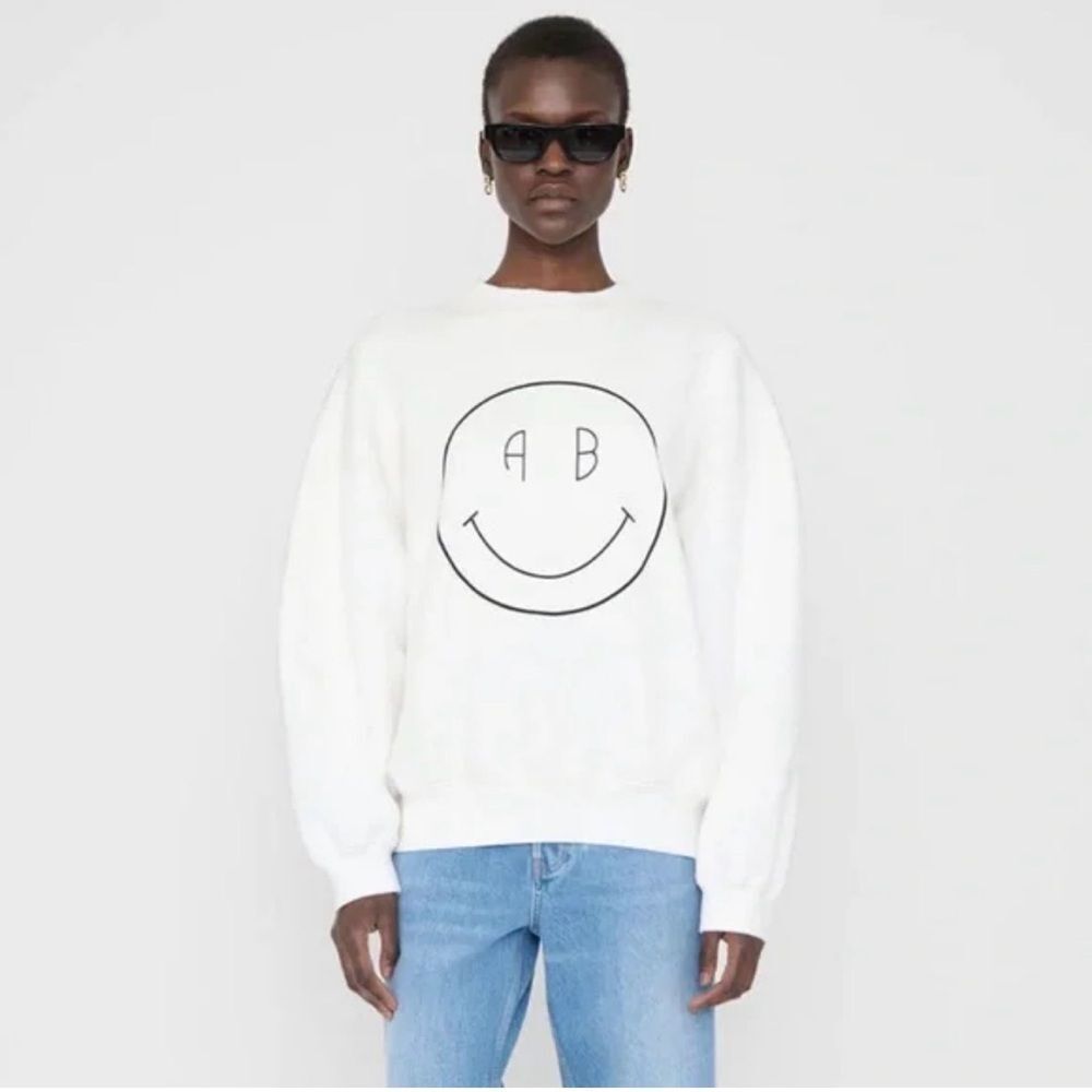 Anine Bing White Crewneck Sweater with Smiley Face